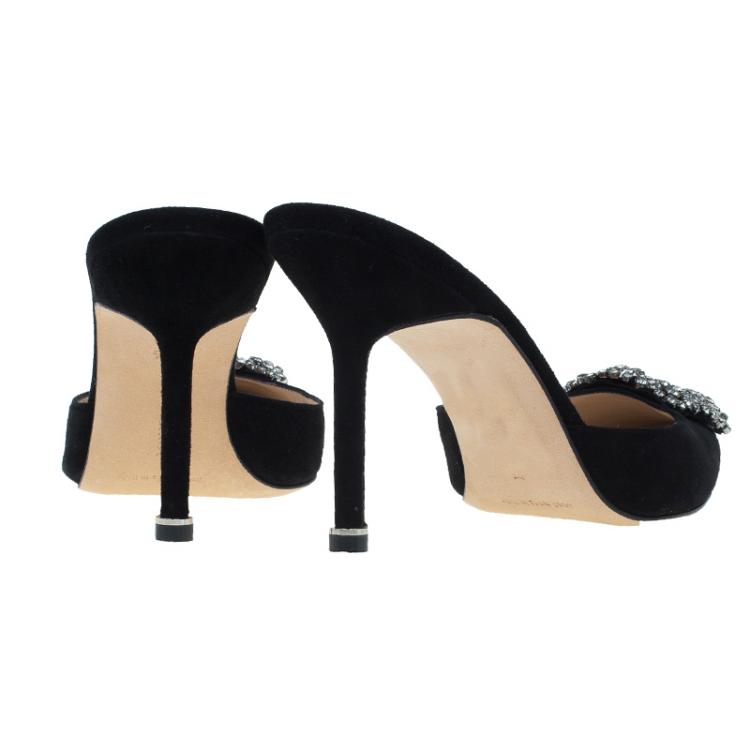 Pre Owned Manolo Blahnik Black Satin Hangisi Mules Size 37.5