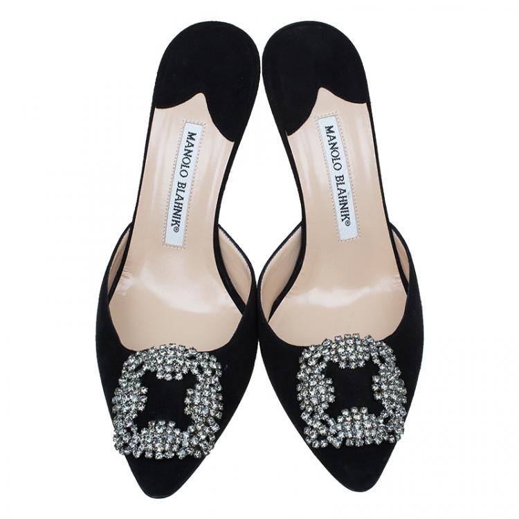Pre Owned Manolo Blahnik Black Satin Hangisi Mules Size 37.5