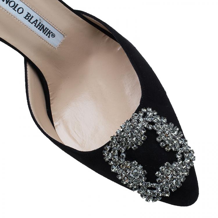 Pre Owned Manolo Blahnik Black Satin Hangisi Mules Size 37.5