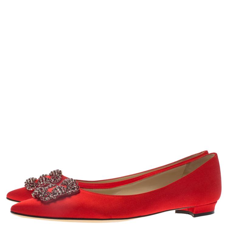Pre Owned Manolo Blahnik Red Satin Hangisi Ballet Flats Size 40.5