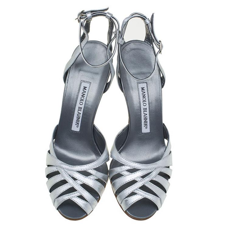 Pre Owned Manolo Blahnik Metallic Silver Ankle Strap Sandals Size 36