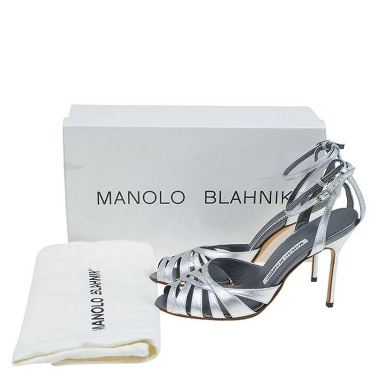 Pre Owned Manolo Blahnik Metallic Silver Ankle Strap Sandals Size 36