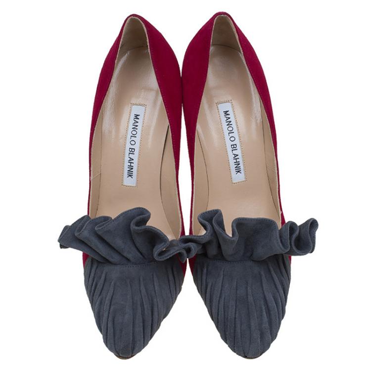 Pre Owned Manolo Blahnik Magenta and Grey Suede Arleti Frill Detail Pumps Size 37.5