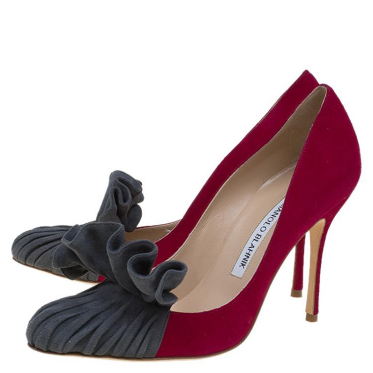 Pre Owned Manolo Blahnik Magenta and Grey Suede Arleti Frill Detail Pumps Size 37.5