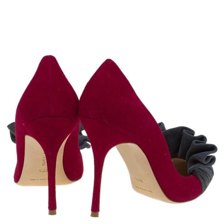 Pre Owned Manolo Blahnik Magenta and Grey Suede Arleti Frill Detail Pumps Size 37.5