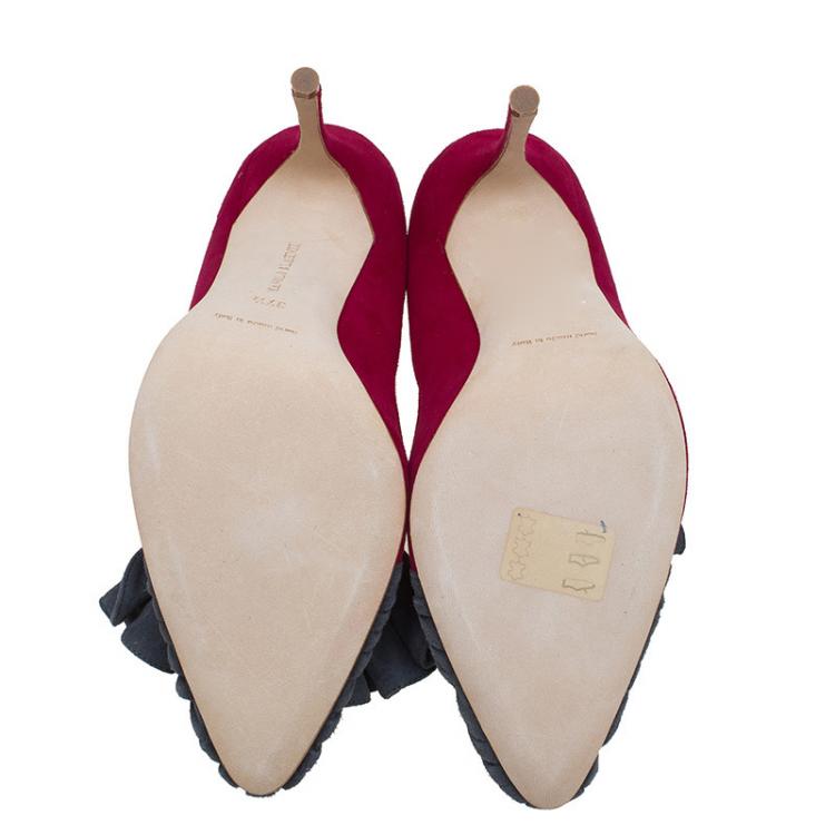 Pre Owned Manolo Blahnik Magenta and Grey Suede Arleti Frill Detail Pumps Size 37.5