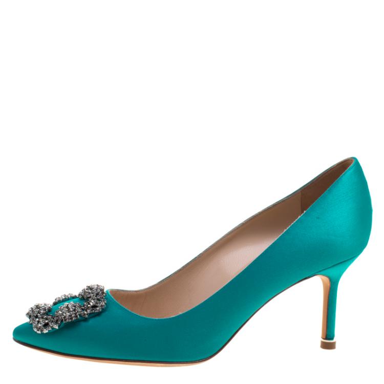 Pre Owned Manolo Blahnik Turquoise Embellished Satin Hangisi Pumps Size 37.5