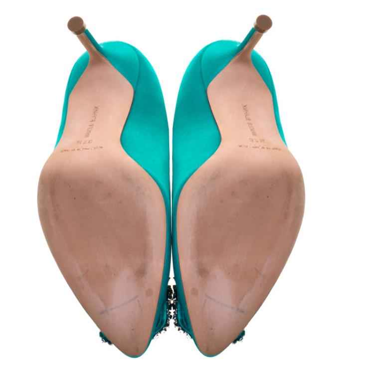 Pre Owned Manolo Blahnik Turquoise Embellished Satin Hangisi Pumps Size 37.5