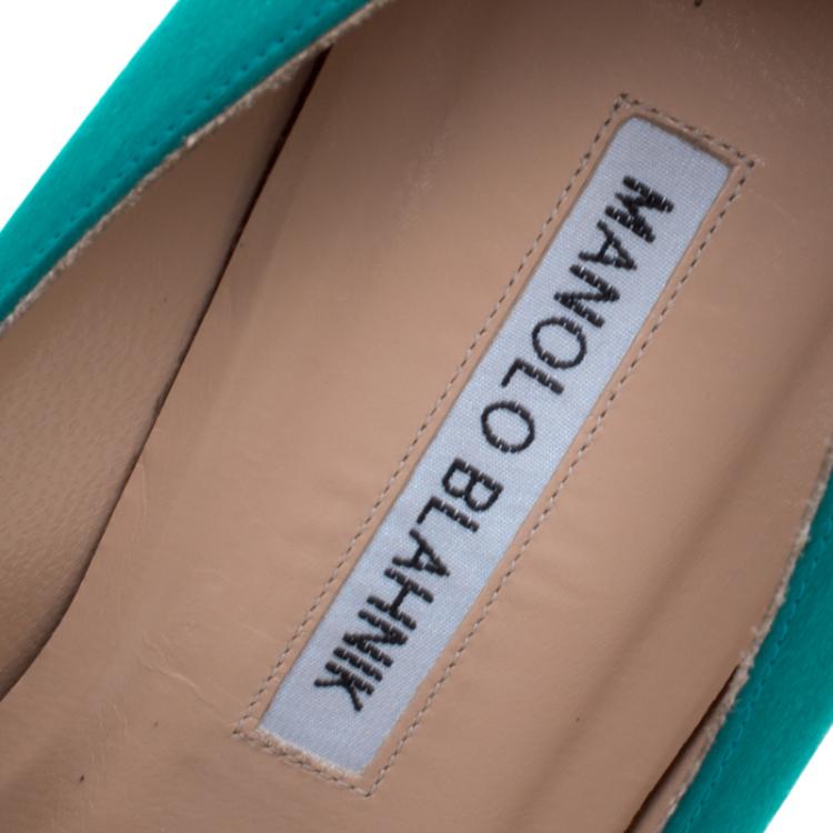 Pre Owned Manolo Blahnik Turquoise Embellished Satin Hangisi Pumps Size 37.5