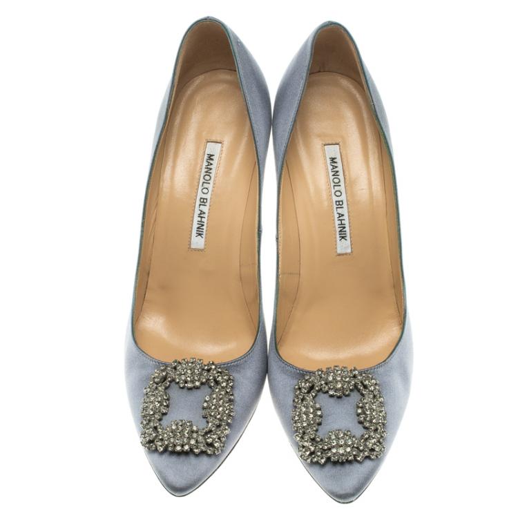 Pre Owned Manolo Blahnik Grey Satin Hangisi Embellished Pumps Size 39.5
