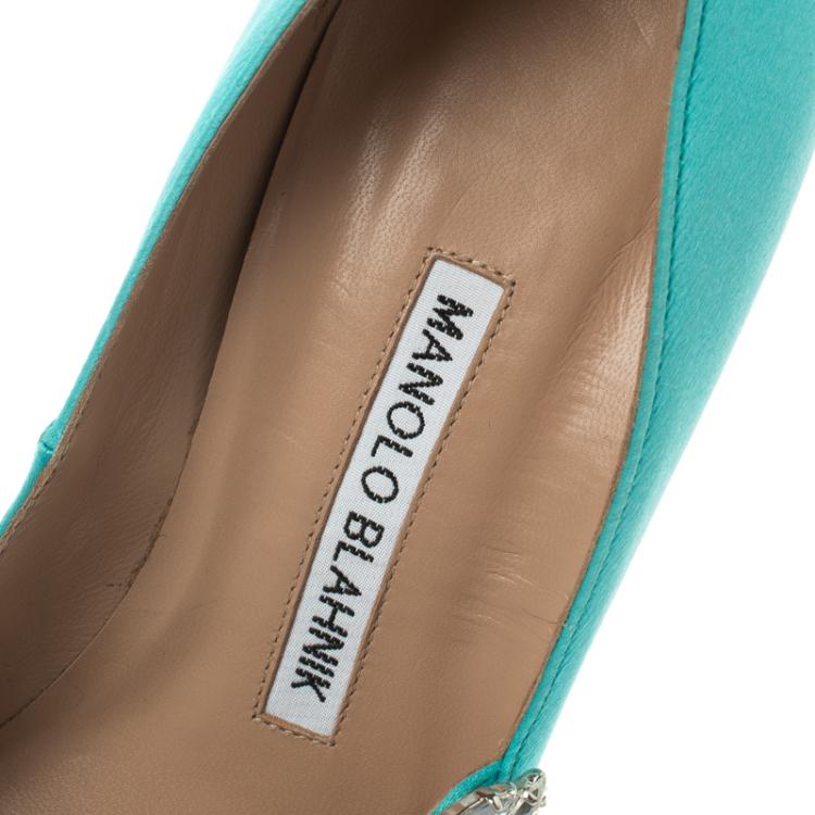 Pre Owned Manolo Blahnik Sky Blue Crystal Embellished Satin Nadira Pointed Toe Pumps Size 36