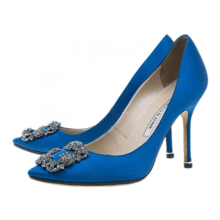 Pre Owned Manolo Blahnik Blue Satin Hangisi Embellished Pumps Size 37