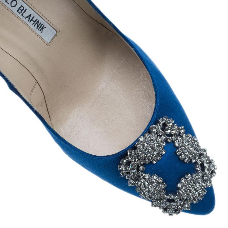Pre Owned Manolo Blahnik Blue Satin Hangisi Embellished Pumps Size 37