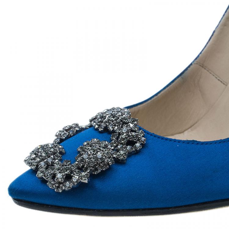 Pre Owned Manolo Blahnik Blue Satin Hangisi Embellished Pumps Size 37