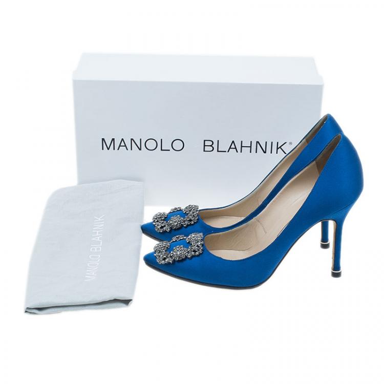 Pre Owned Manolo Blahnik Blue Satin Hangisi Embellished Pumps Size 37