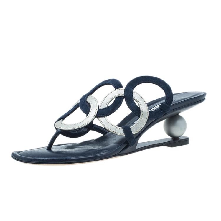 Pre Owned Manolo Blahnik Blue Leather Wedge Slides Size 40