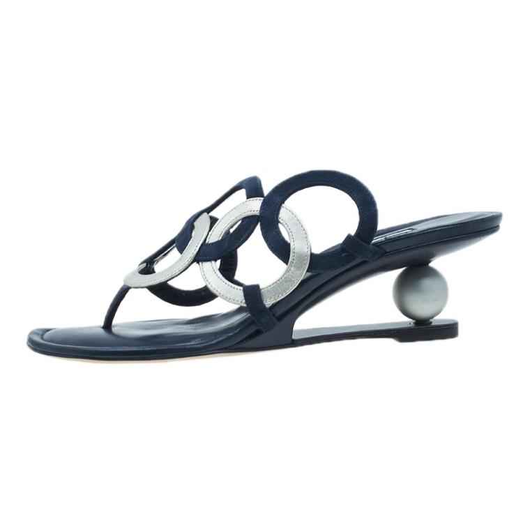 Pre Owned Manolo Blahnik Blue Leather Wedge Slides Size 40