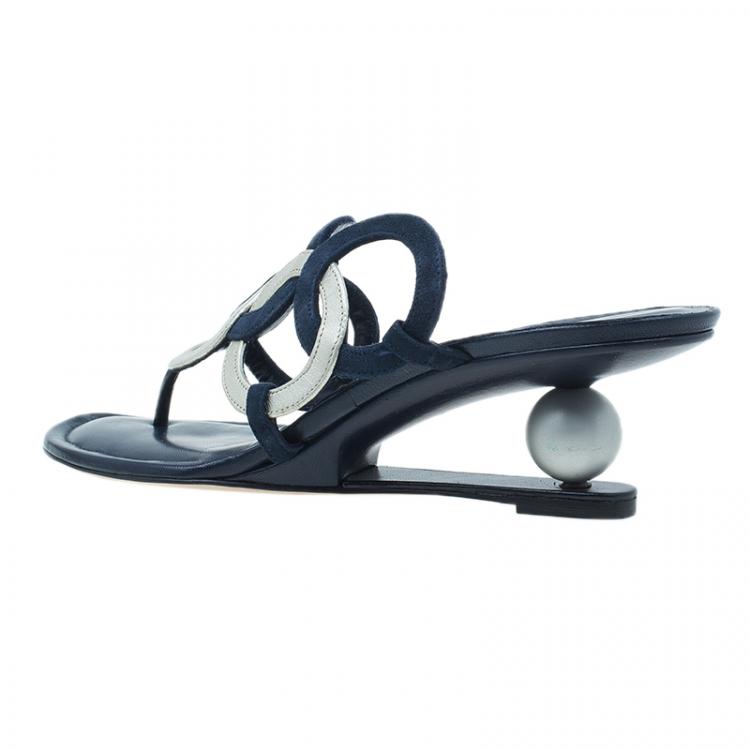 Pre Owned Manolo Blahnik Blue Leather Wedge Slides Size 40