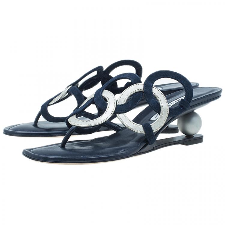 Pre Owned Manolo Blahnik Blue Leather Wedge Slides Size 40