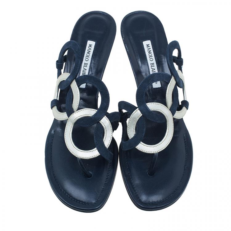 Pre Owned Manolo Blahnik Blue Leather Wedge Slides Size 40