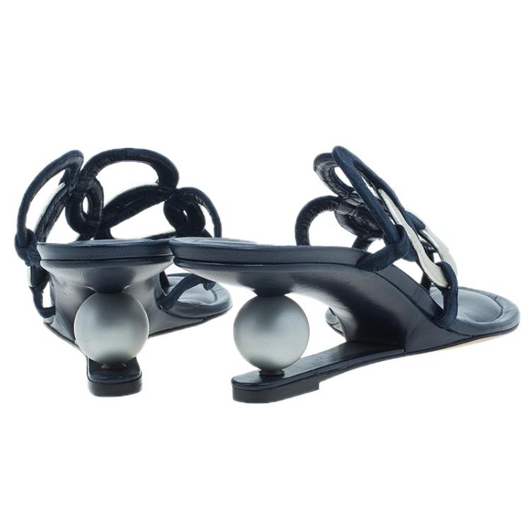 Pre Owned Manolo Blahnik Blue Leather Wedge Slides Size 40