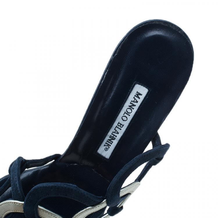 Pre Owned Manolo Blahnik Blue Leather Wedge Slides Size 40