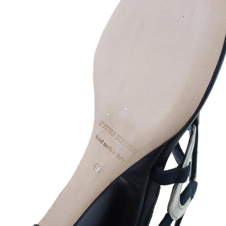 Pre Owned Manolo Blahnik Blue Leather Wedge Slides Size 40