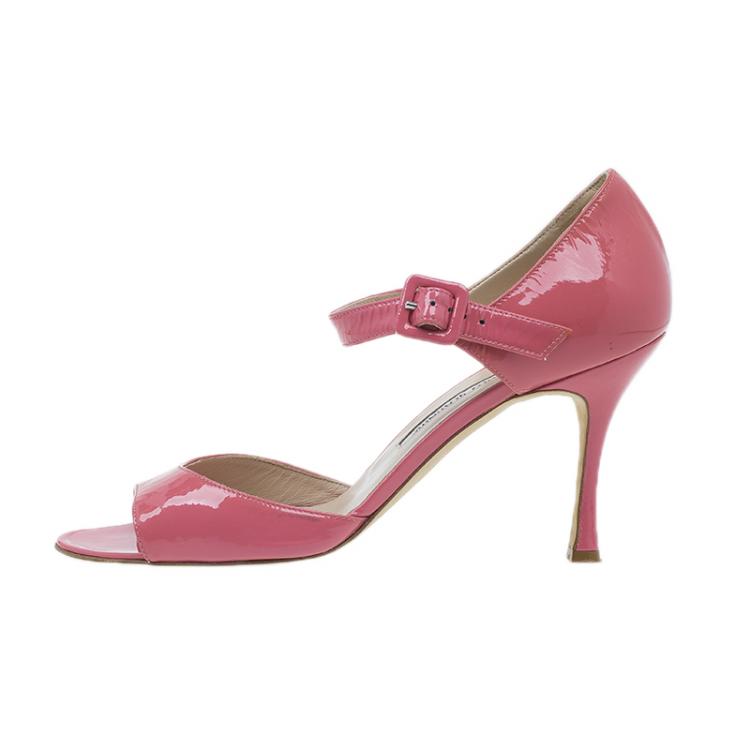 Pre Owned Manolo Blahnik Pink Patent Open Toe Mary Jane Pumps Size 39.5