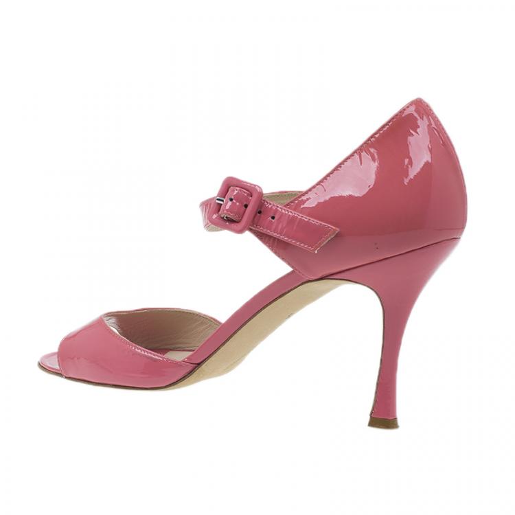 Pre Owned Manolo Blahnik Pink Patent Open Toe Mary Jane Pumps Size 39.5