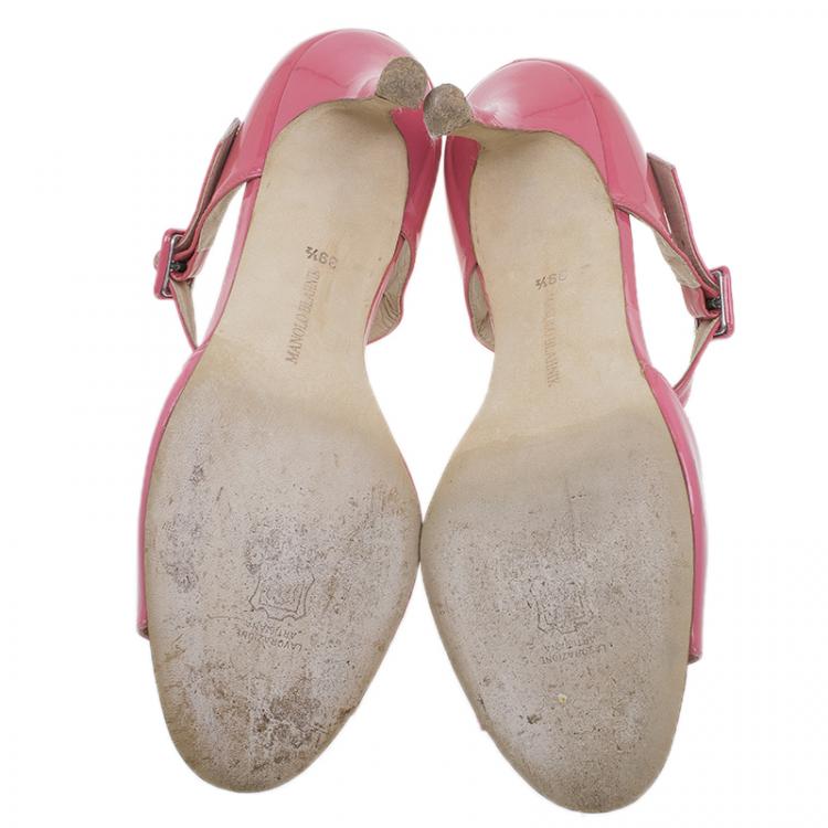 Pre Owned Manolo Blahnik Pink Patent Open Toe Mary Jane Pumps Size 39.5