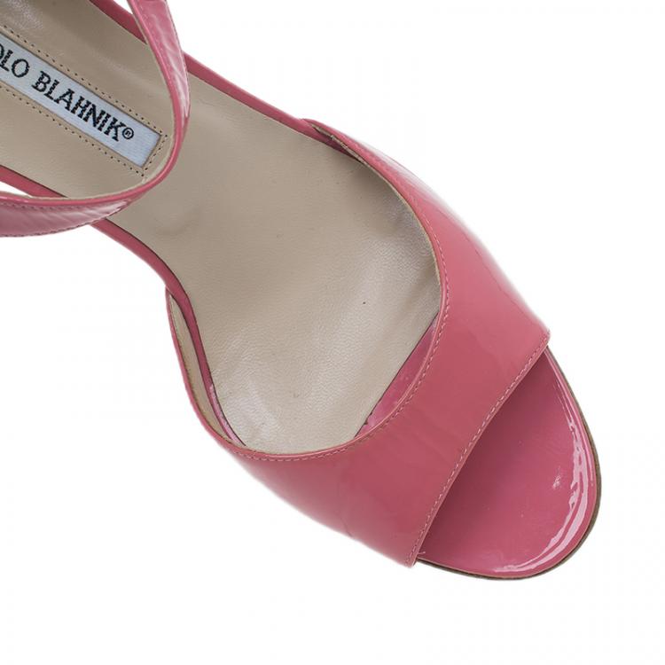 Pre Owned Manolo Blahnik Pink Patent Open Toe Mary Jane Pumps Size 39.5