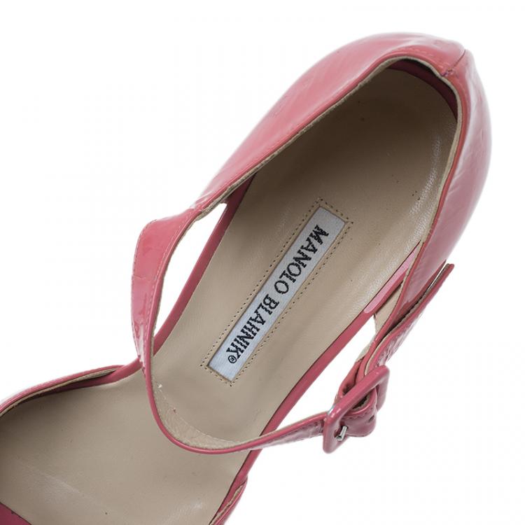 Pre Owned Manolo Blahnik Pink Patent Open Toe Mary Jane Pumps Size 39.5