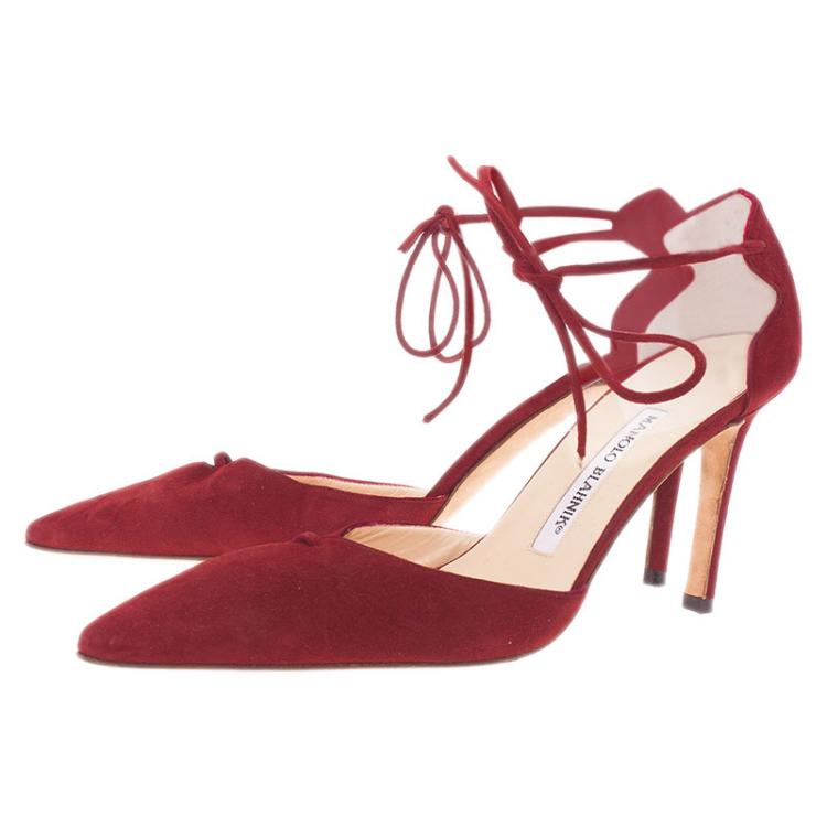 Pre Owned Manolo Blahnik Red Suede Ankle Wrap Sandals Size 36