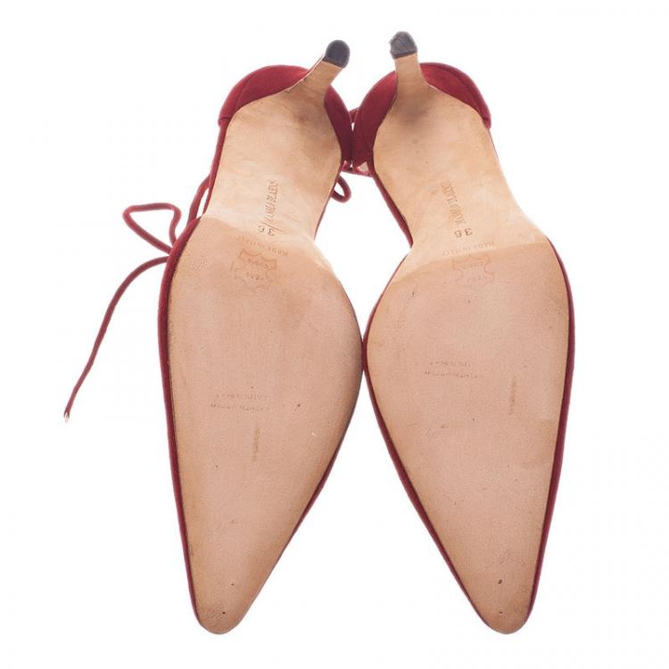 Pre Owned Manolo Blahnik Red Suede Ankle Wrap Sandals Size 36