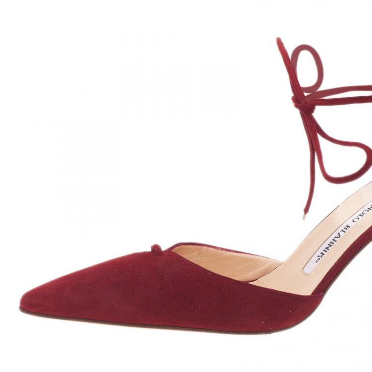 Pre Owned Manolo Blahnik Red Suede Ankle Wrap Sandals Size 36