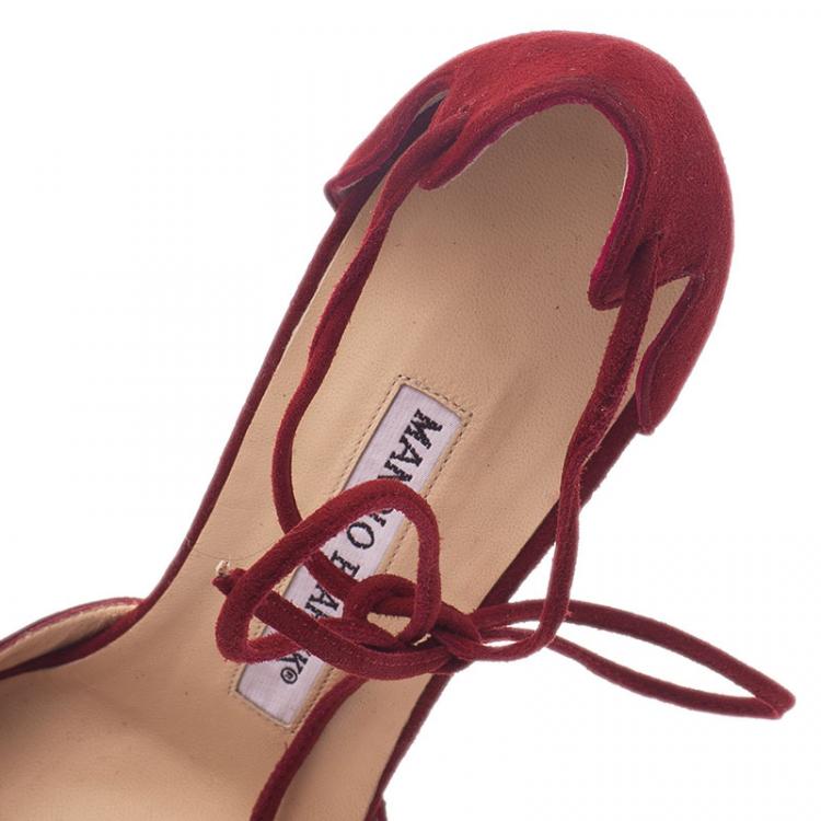 Pre Owned Manolo Blahnik Red Suede Ankle Wrap Sandals Size 36