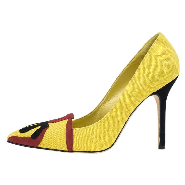 Pre Owned Manolo Blahnik Yellow Canvas Pointed Toe Pumps Size 41 