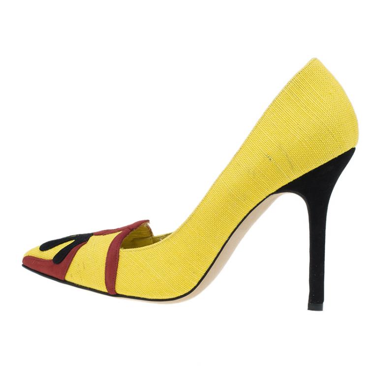 Pre Owned Manolo Blahnik Yellow Canvas Pointed Toe Pumps Size 41 