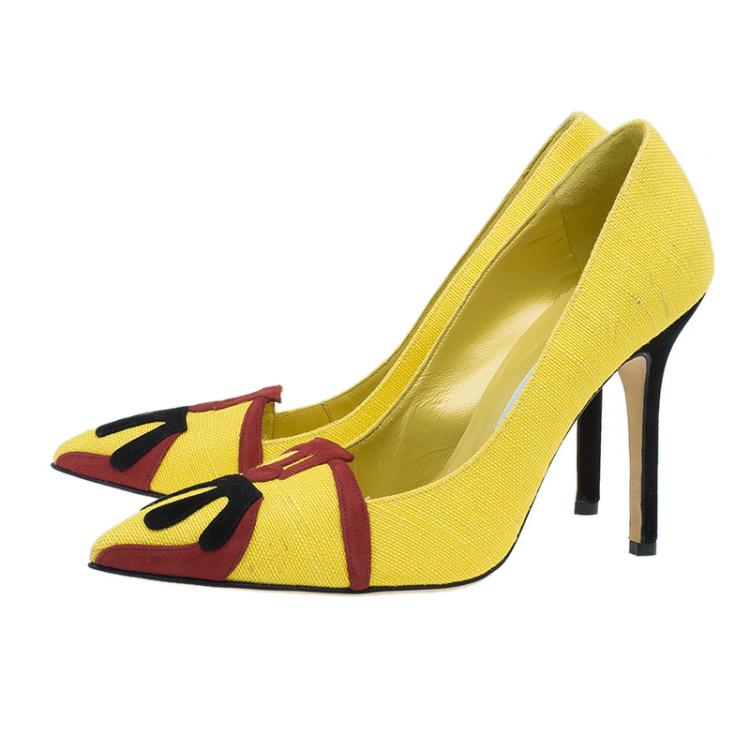 Pre Owned Manolo Blahnik Yellow Canvas Pointed Toe Pumps Size 41 