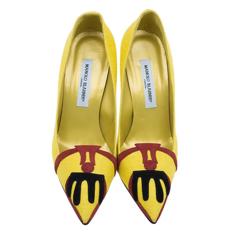 Pre Owned Manolo Blahnik Yellow Canvas Pointed Toe Pumps Size 41 