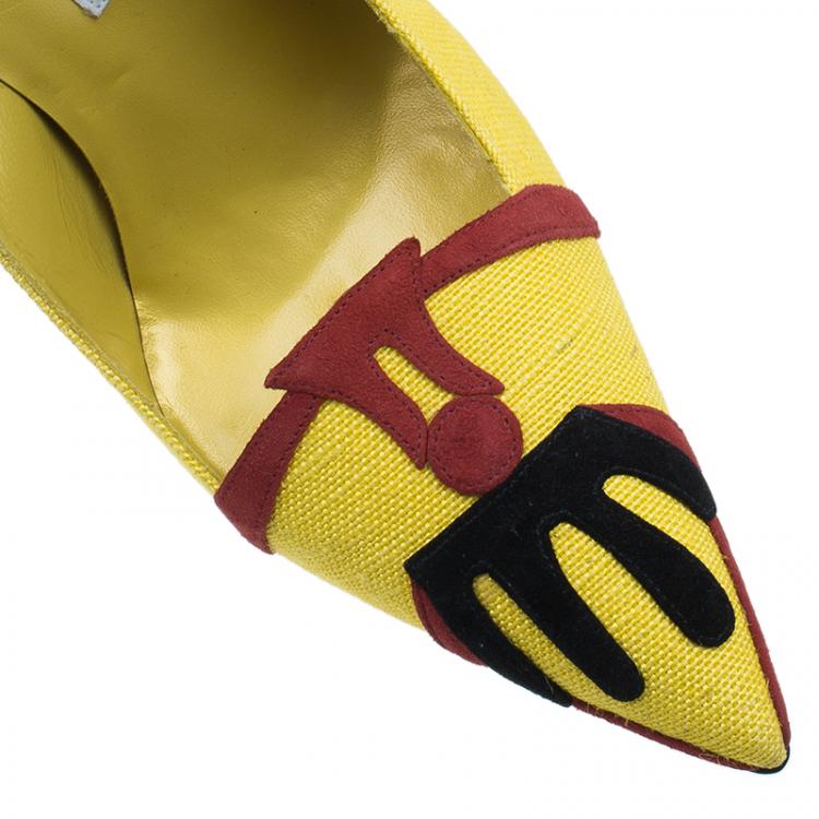 Pre Owned Manolo Blahnik Yellow Canvas Pointed Toe Pumps Size 41 