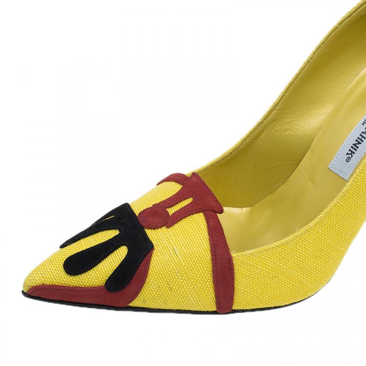 Pre Owned Manolo Blahnik Yellow Canvas Pointed Toe Pumps Size 41 