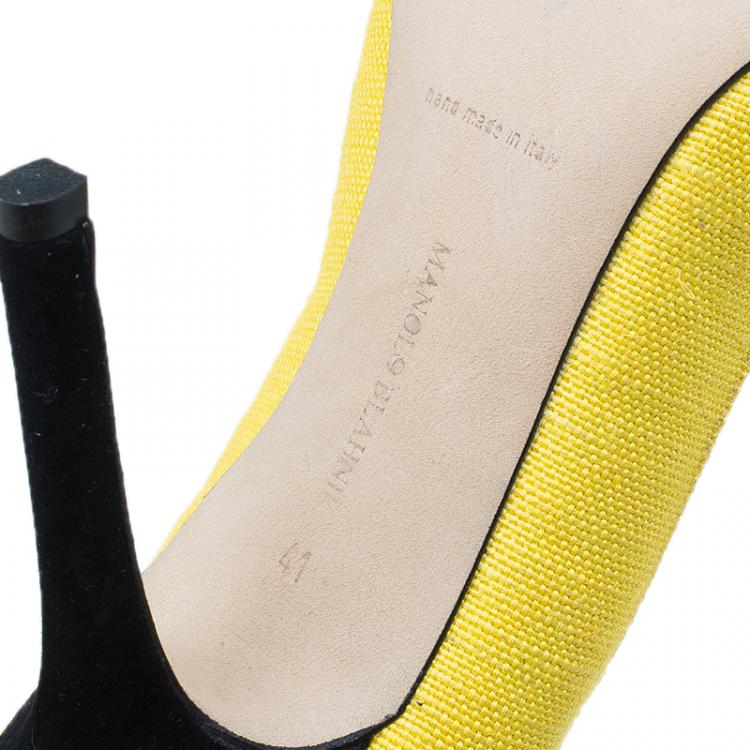 Pre Owned Manolo Blahnik Yellow Canvas Pointed Toe Pumps Size 41 