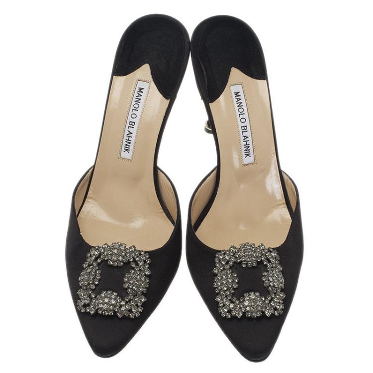 Pre Owned Manolo Blahnik Black Satin Hangisi Mules Size 40.5