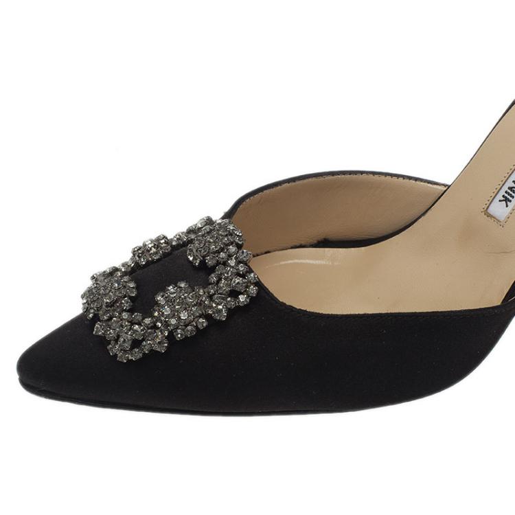 Pre Owned Manolo Blahnik Black Satin Hangisi Mules Size 40.5