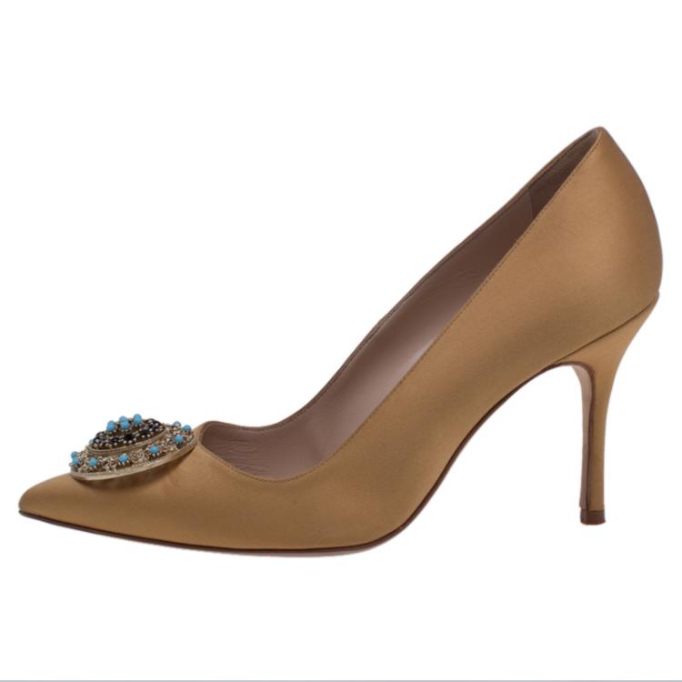 Pre Owned Manolo Blahnik Yellow Satin Giuba Embellished Pumps Size 36.5
