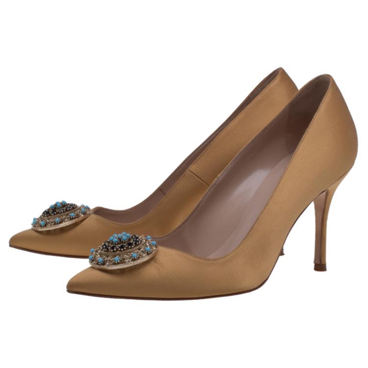 Pre Owned Manolo Blahnik Yellow Satin Giuba Embellished Pumps Size 36.5