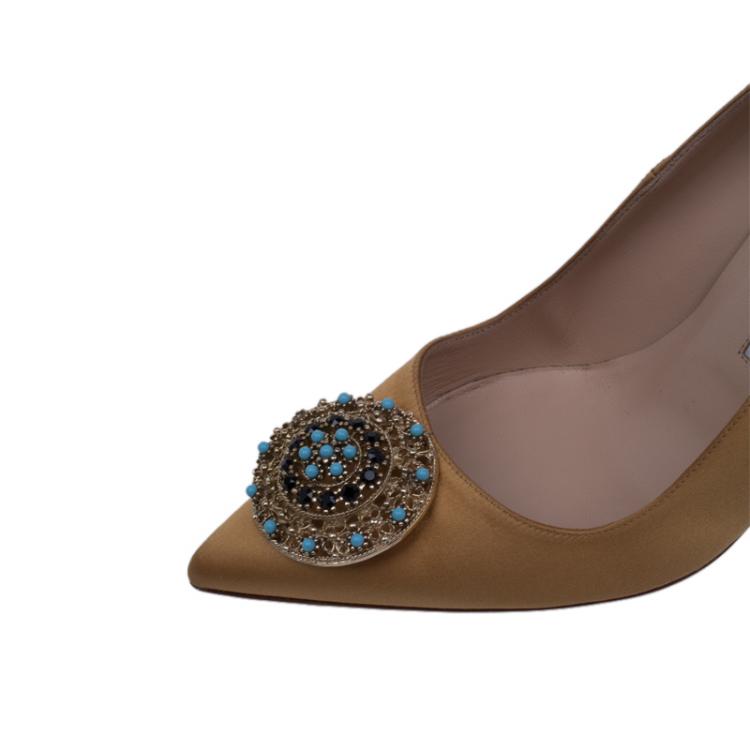 Pre Owned Manolo Blahnik Yellow Satin Giuba Embellished Pumps Size 36.5