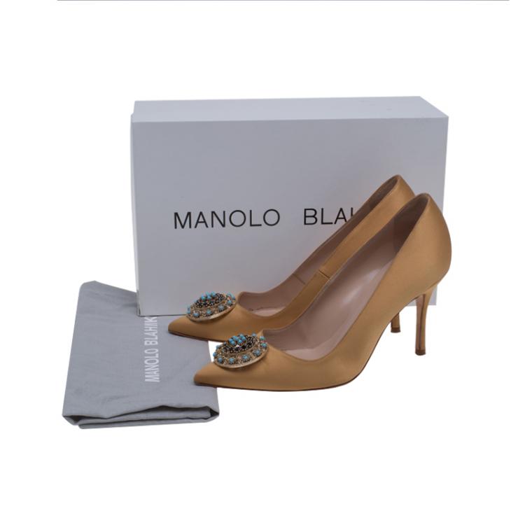 Pre Owned Manolo Blahnik Yellow Satin Giuba Embellished Pumps Size 36.5