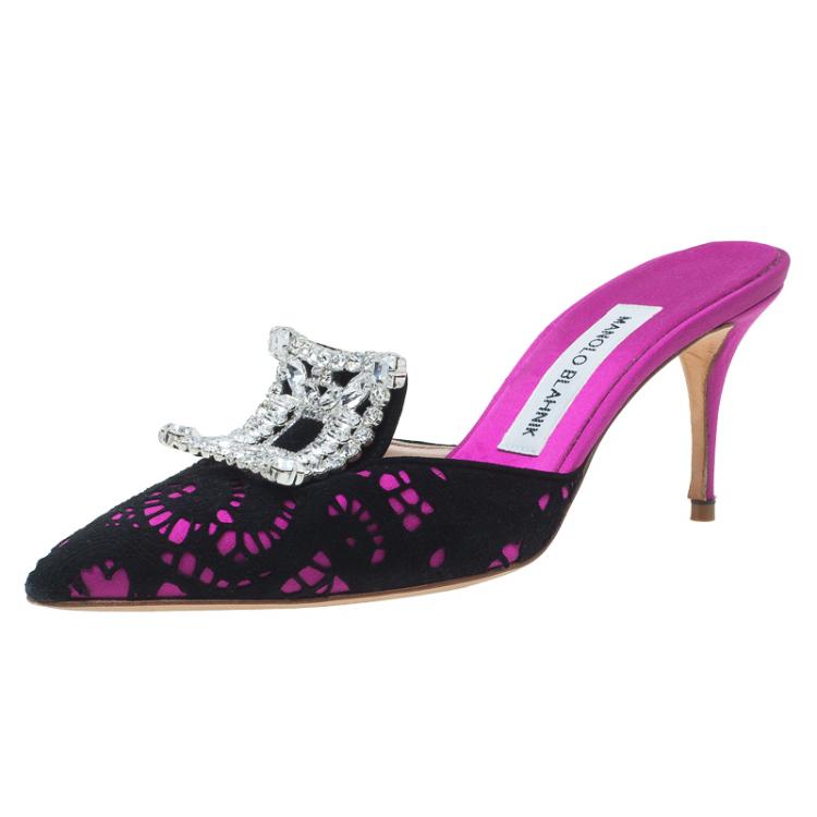 Pre Owned Manolo Blahnik Pink Satin and Lace Borli Crystal Embellished Mules Size 37